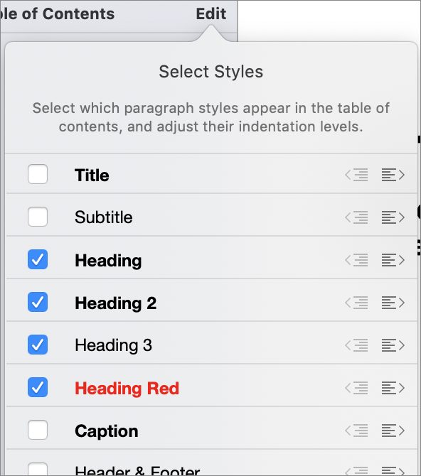 The Select Styles editor showing the styles selected in the Blank template.