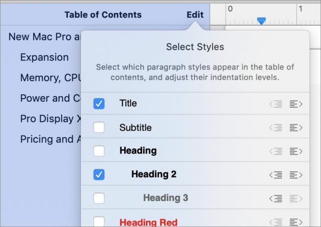 Image showing how styles are chosen for inclusion in a Table of Contents view.