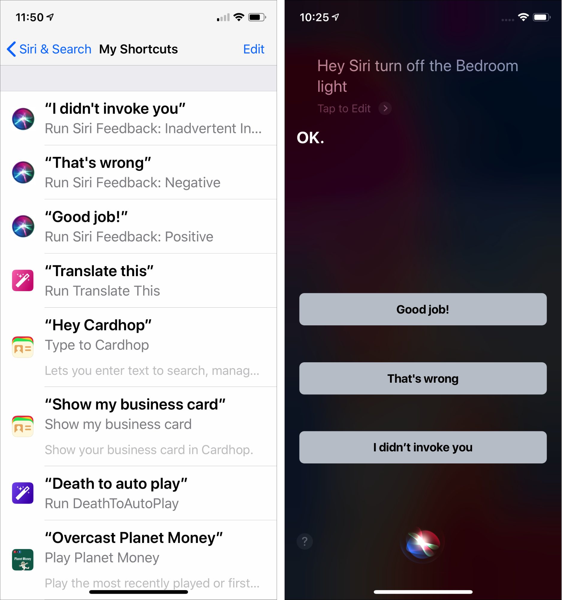 Left: a mockup of the proposed Siri shortcuts Right: a mockup of the feedback buttons