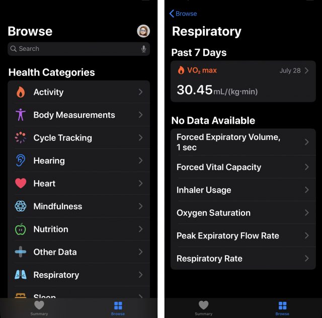 Browse in iOS 13 Health