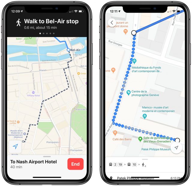 Screenshots of walking directions while in transit routing