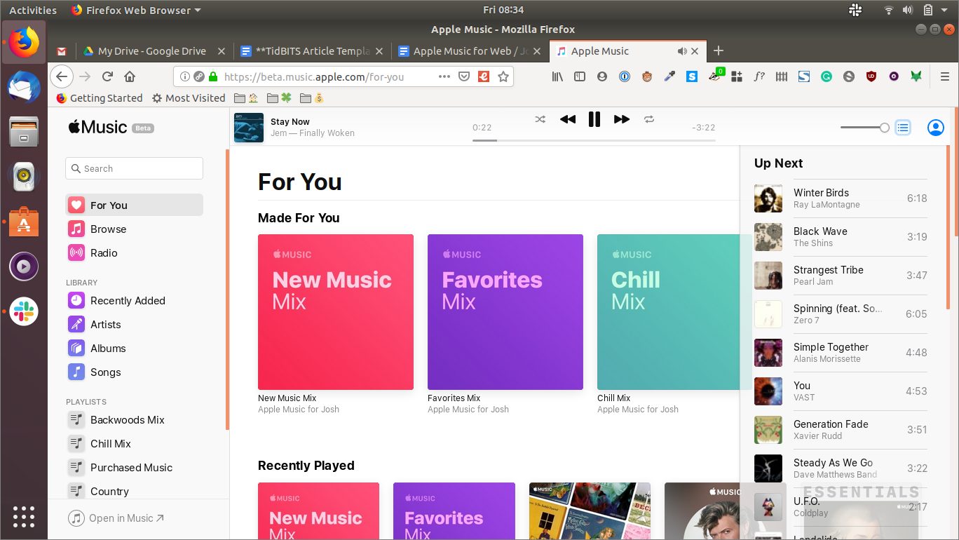For You en Up Next in Apple Music for the Web onder Linux