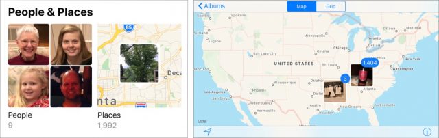 People and Places albums (left). Photo stacks located on the map (right).