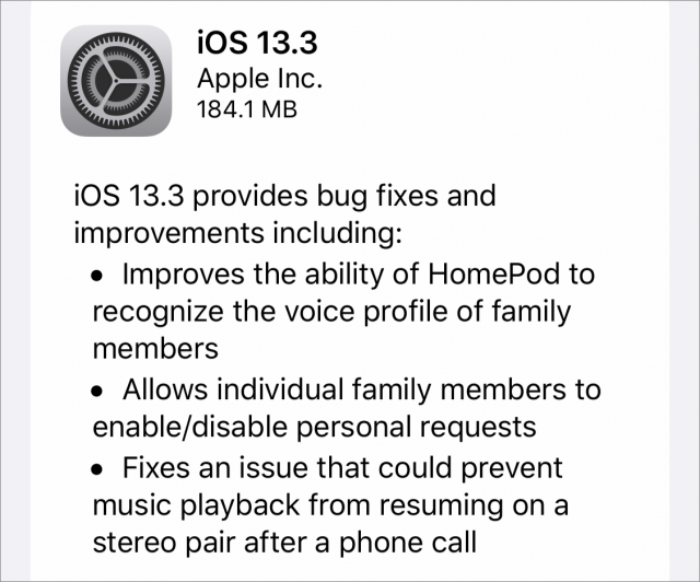 iOS 13.3 release notes for the HomePod