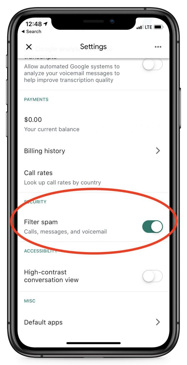 Filtering spam in the Google Voice app