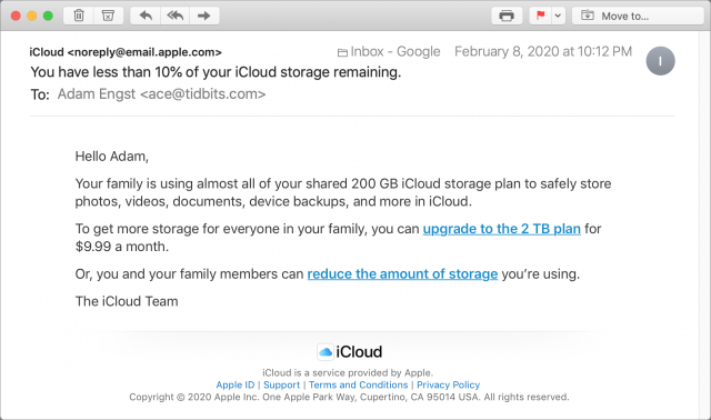 Email warning of low iCloud space
