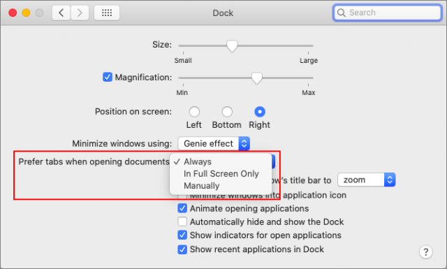 Tabs setting in Dock preferences