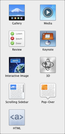 The widget palette in iBooks Author