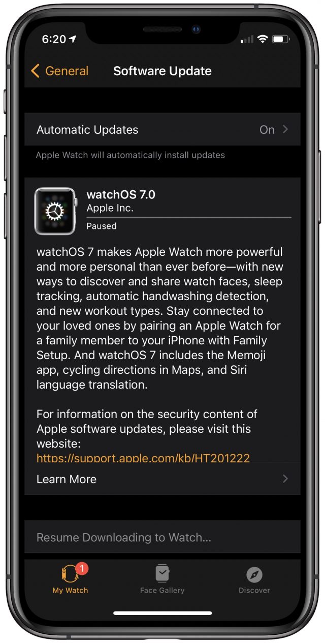 watchOS 7 update screen