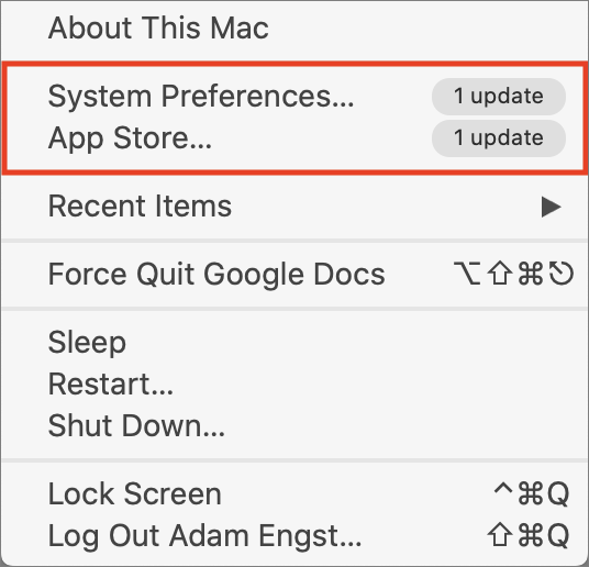 Accessing System Preferences and App Store from the Apple menu