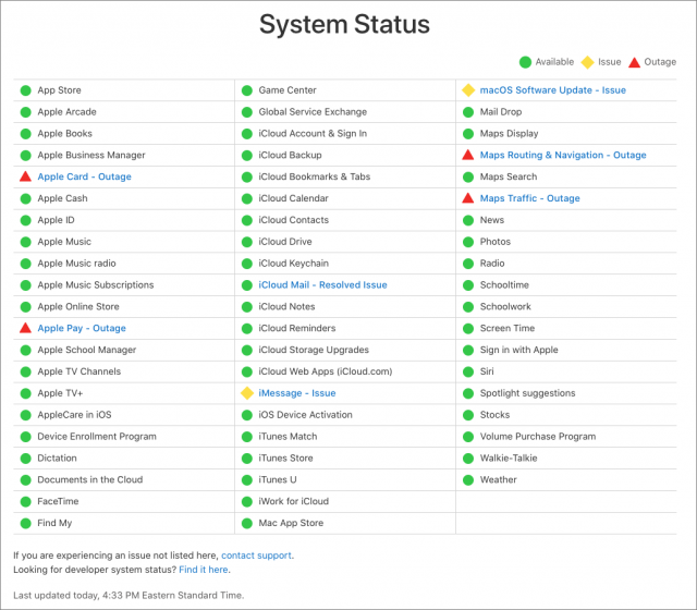 Apple System Status page during the debacle