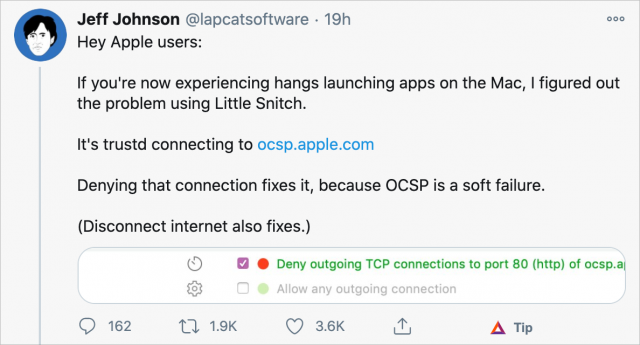 De tweet van Jeff Johnson over het probleem met ocsp.apple.com