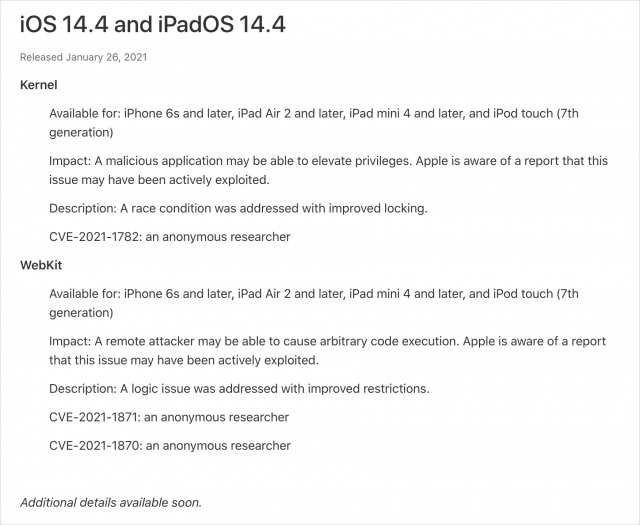 iOS and iPadOS 14.4 security notes