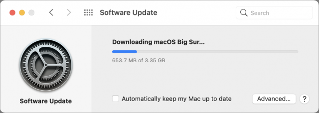 Het downloadvenster voor macOS 11.2.1 op een MacBook Air met M1-chip