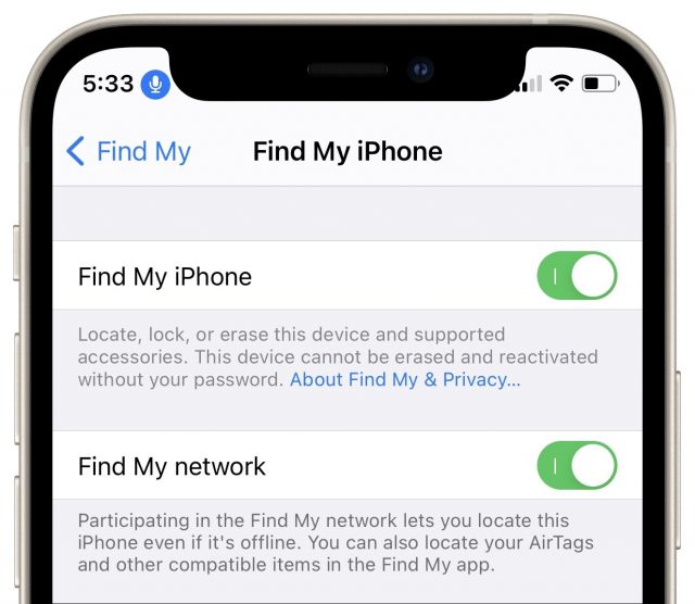 Find my iPhone settings