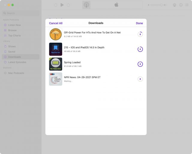 Active podcast downloads on macOS