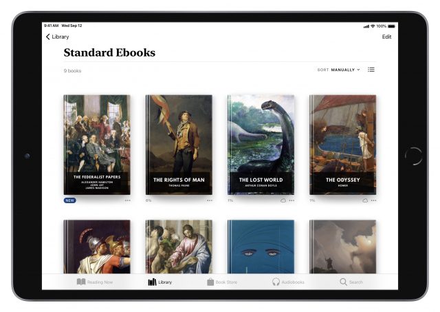 Een aantal titels van Standard Ebooks in Apple Books, op een iPad