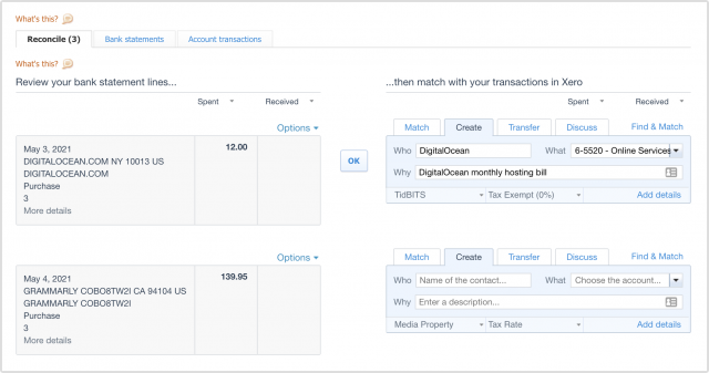 De interface voor het koppelen van transacties aan bankrekeningen in Xero