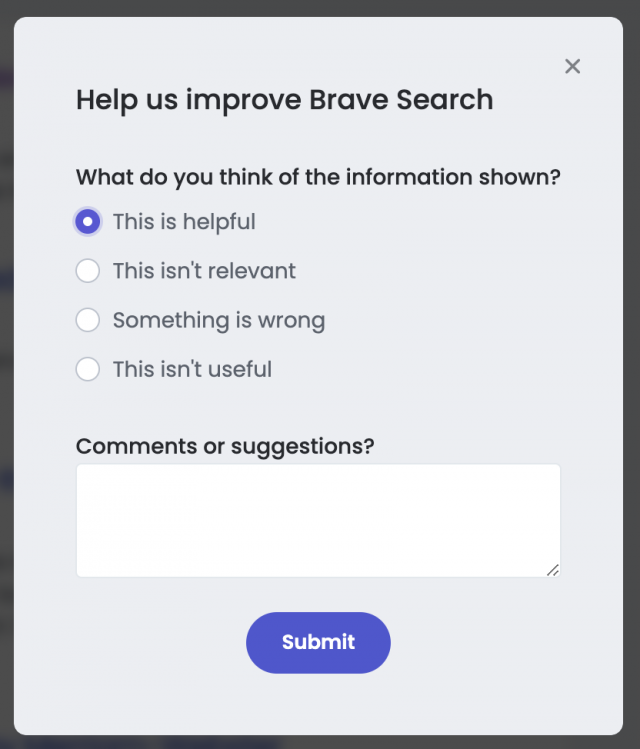 Brave Search feedback-dialoogvenster