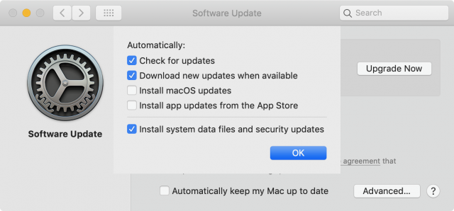 Software Update preference pane in Mojave, without drop shadow
