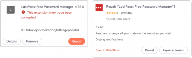 Repairing corrupted LastPass extension in Brave