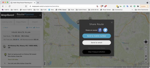 MapQuest RoutePlanner sharing dialog