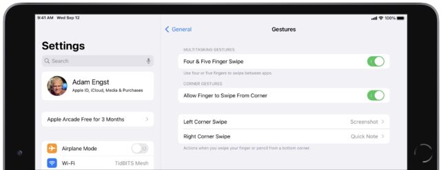 Quick Note and Screenshot gesture settings