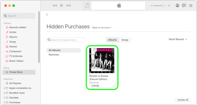 De toets in de iTunes Store in Muziek op de Mac om verborgen aankopen terug te zetten