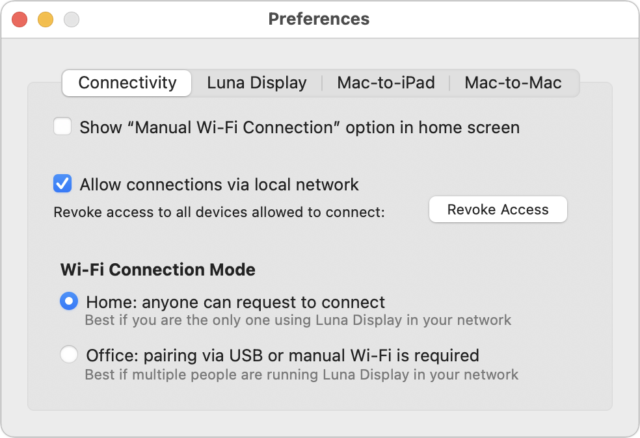Luna Display Connectivity-voorkeuren