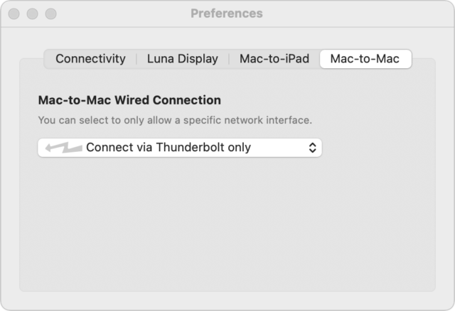 de Mac-naar-Mac verbindingsvoorkeuren van Luna Display