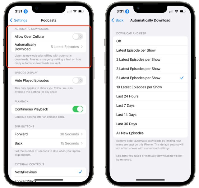 The Automatic Downloads setting in Podcasts in iOS 15.5