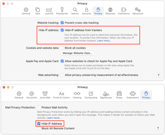 Hide IP Address setting in macOS Safari and Mail
