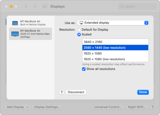 AirPlay Display resolution settings