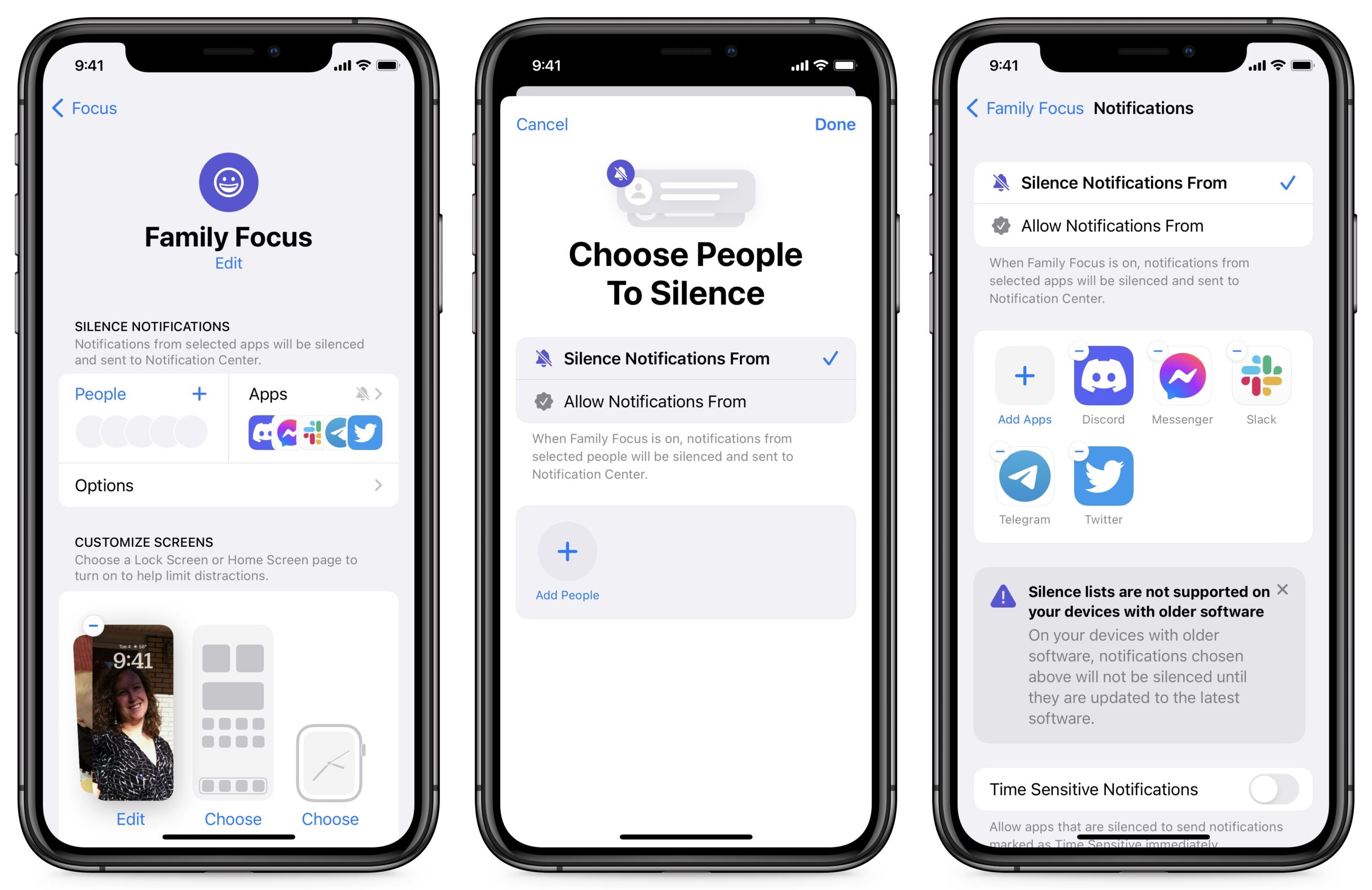 Customizing a Focus to not silence any people and silence certain apps