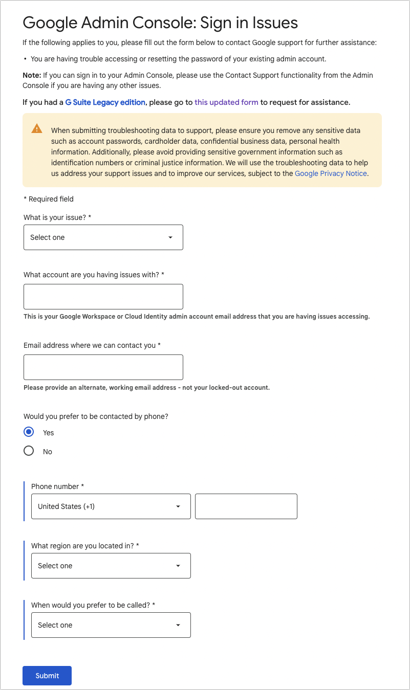 Google admin-formulier voor inlogproblemen