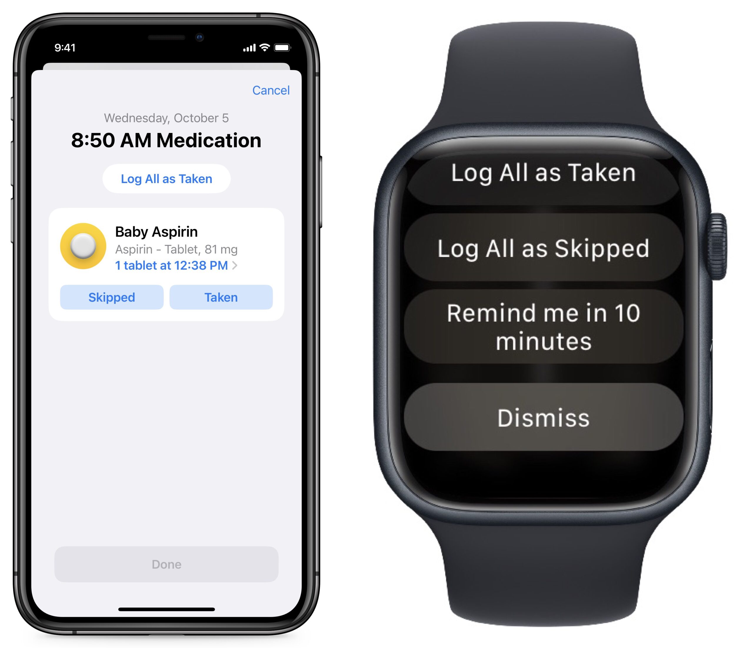 Medication meldingen op een iPhone en een Apple Watch