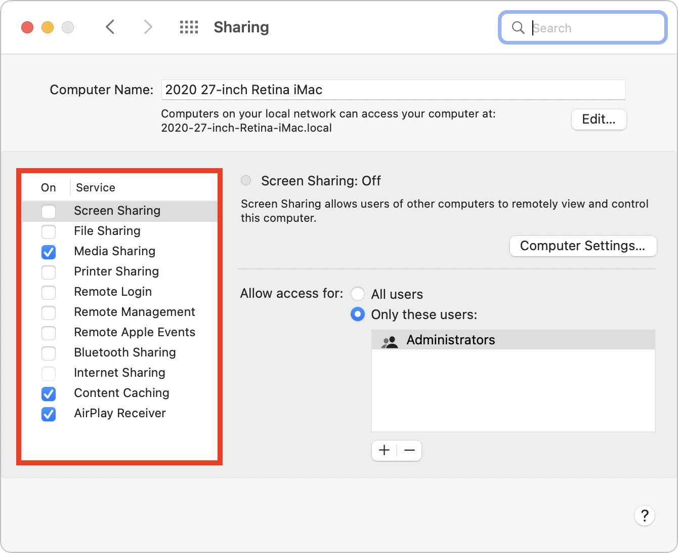 Sharing preference pane with services enabled