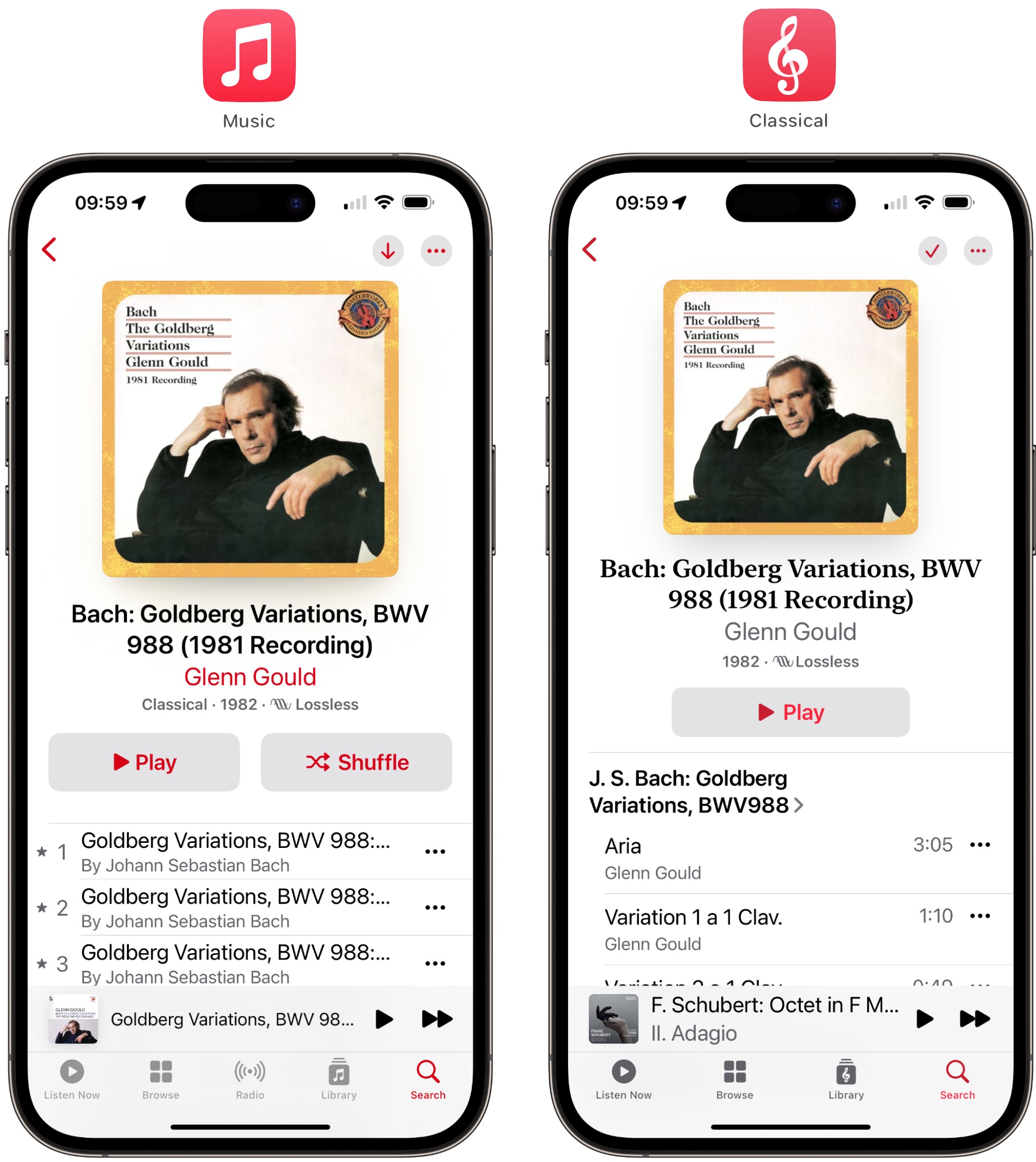 Comparing the Goldberg Variations between Apple Music and Apple Music Classical