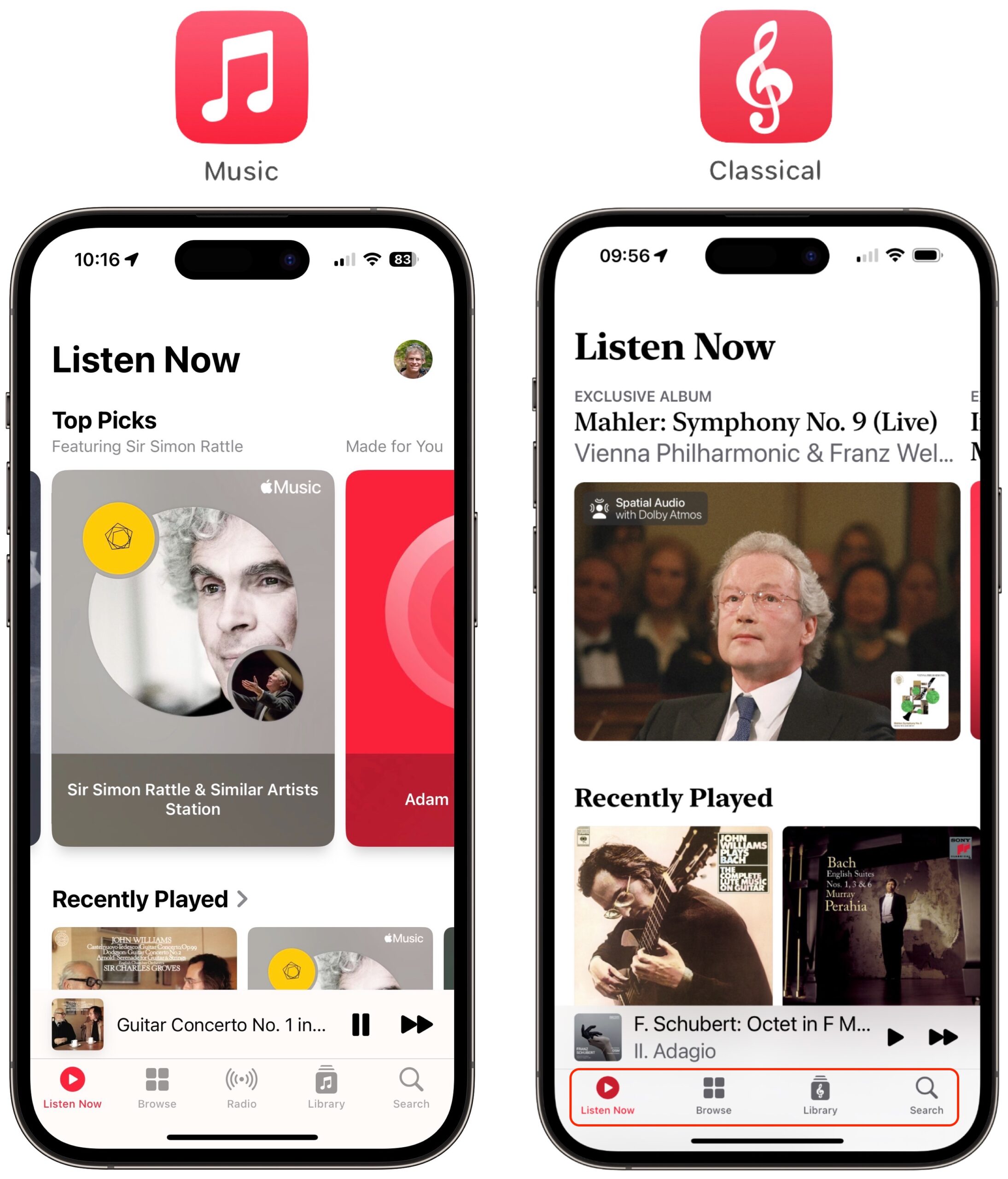 Listen Now comparison between Apple Music and Apple Music Classical