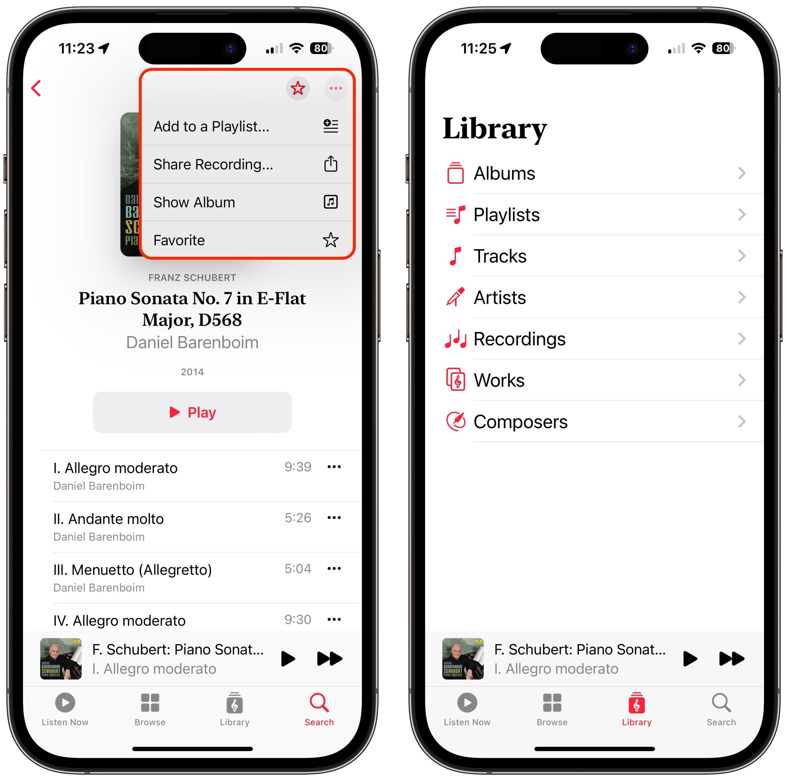 Apple Music Classical recording controls and Library screen