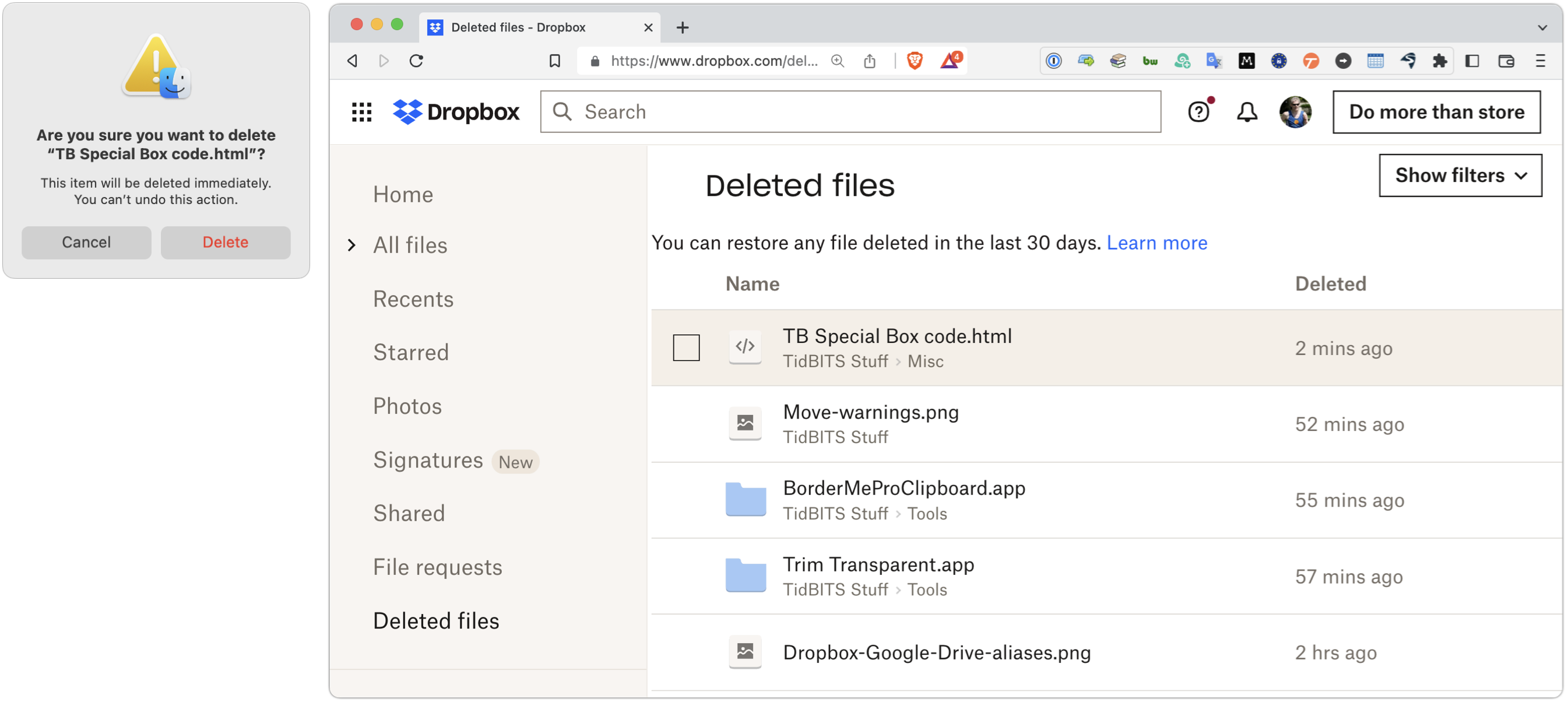 Deleting files in Dropbox