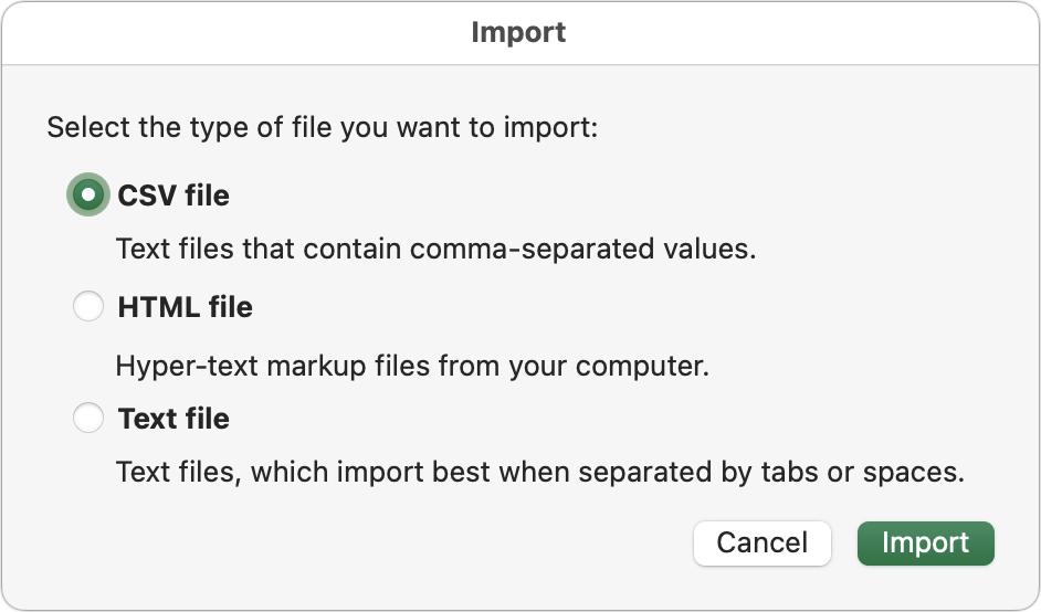 Excel Import dialog