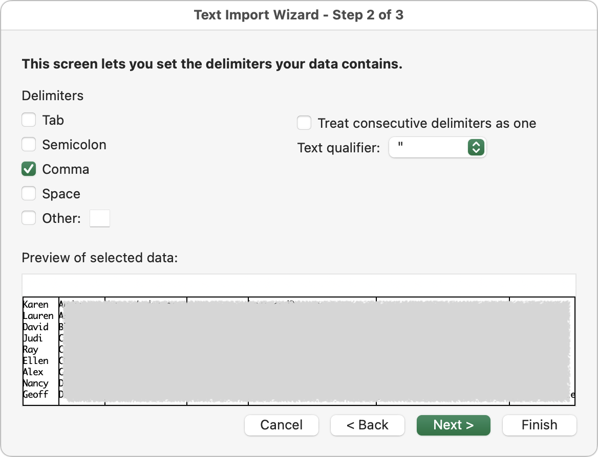 Excel Text Import Wizard Step 2