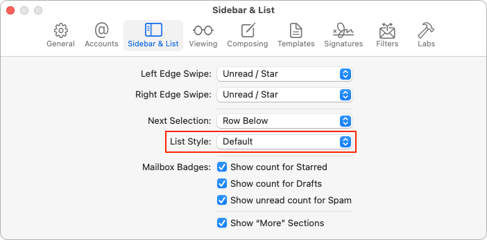 Mimestream Sidebar & List settings