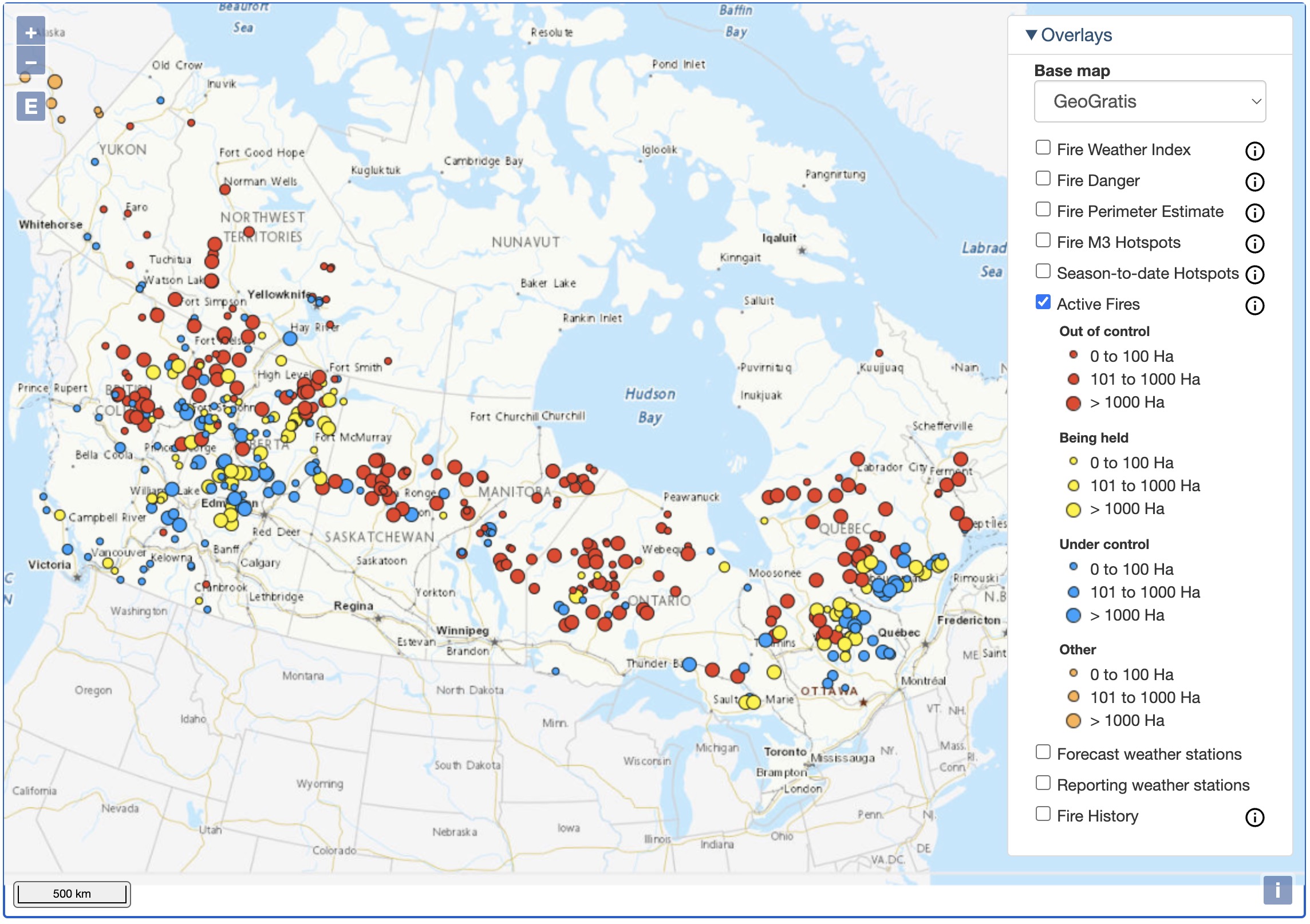 Kaart van het Canadees Wildland Fire Information System