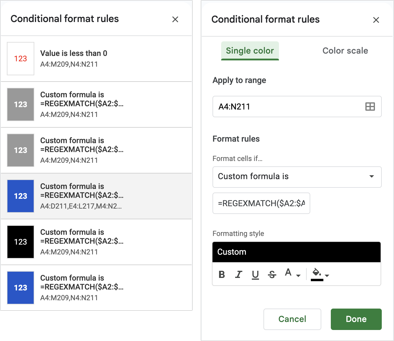 Conditional formatting interface in Google Sheets