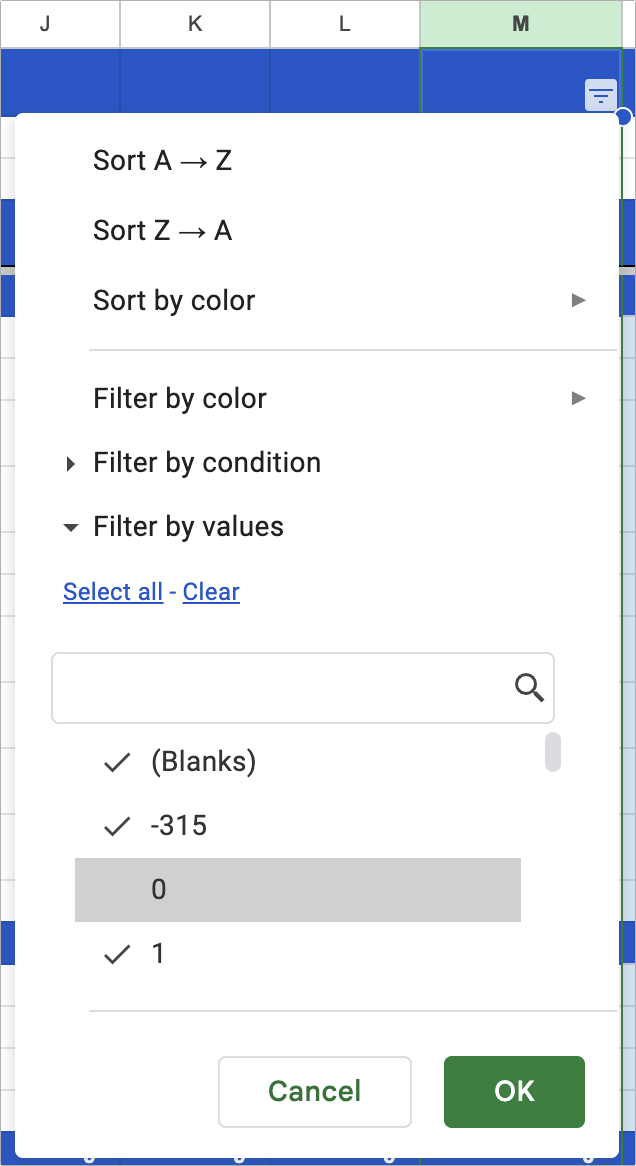 Filter interface in Google Sheets