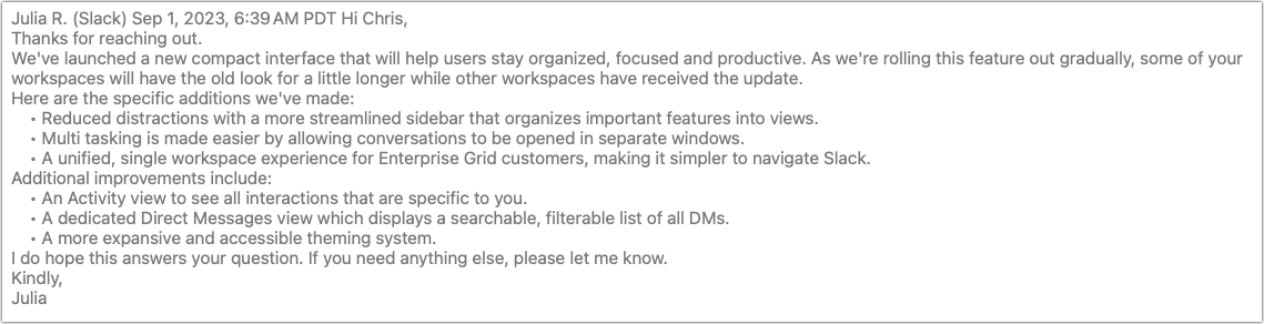 Initial email from Slack support