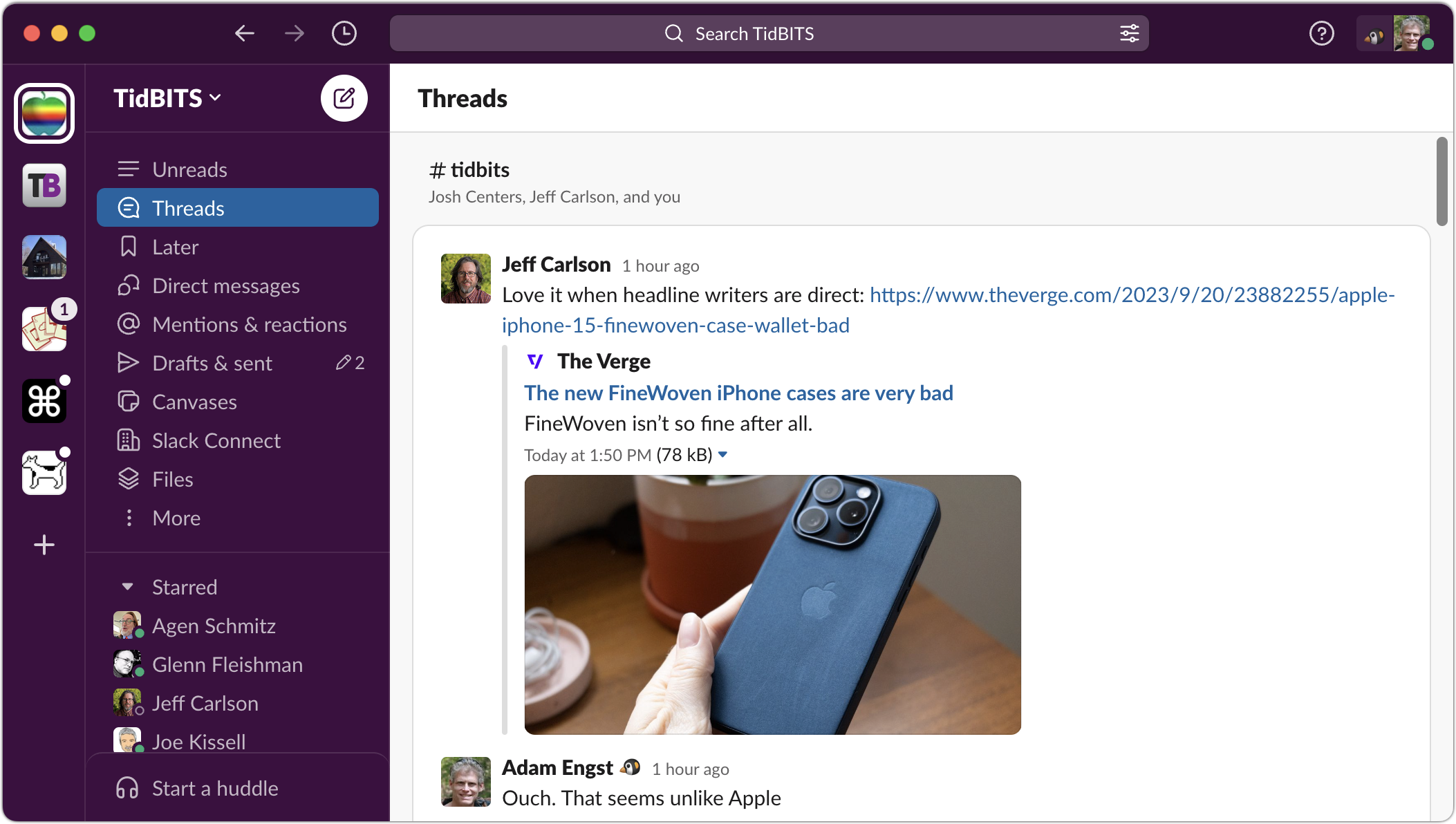 Old Slack user interface for the TidBITS workspace