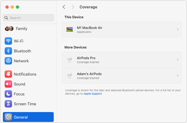 Warranty coverage screen in macOS 14.1